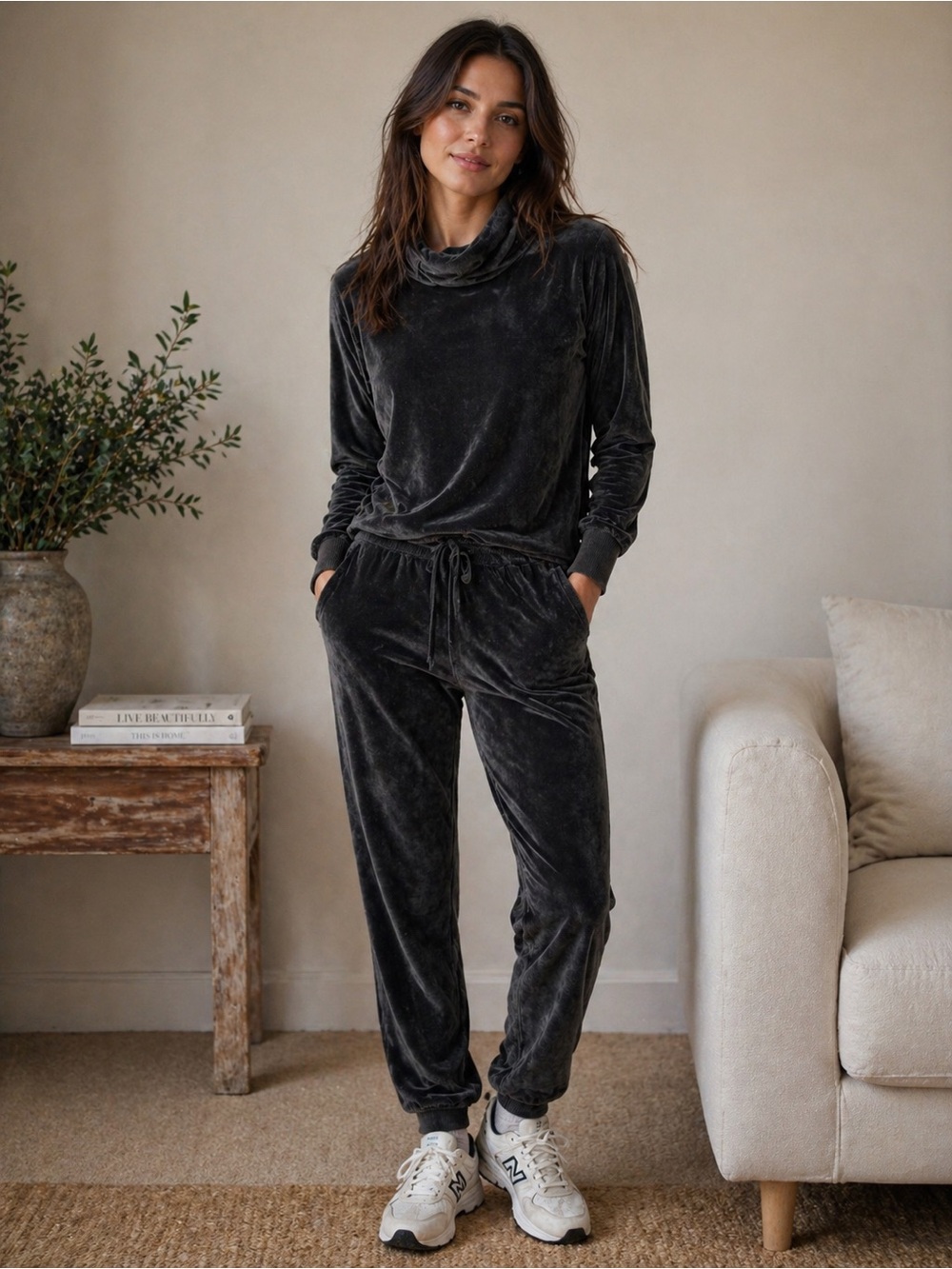Athleta Double Cozy Karma Velvet Set | Cowl Neck + Joggers | Luxe Lounge